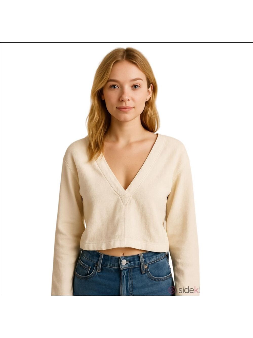 Madewell Cream Tan Long Sleeve V Neck Cropped Top - Small